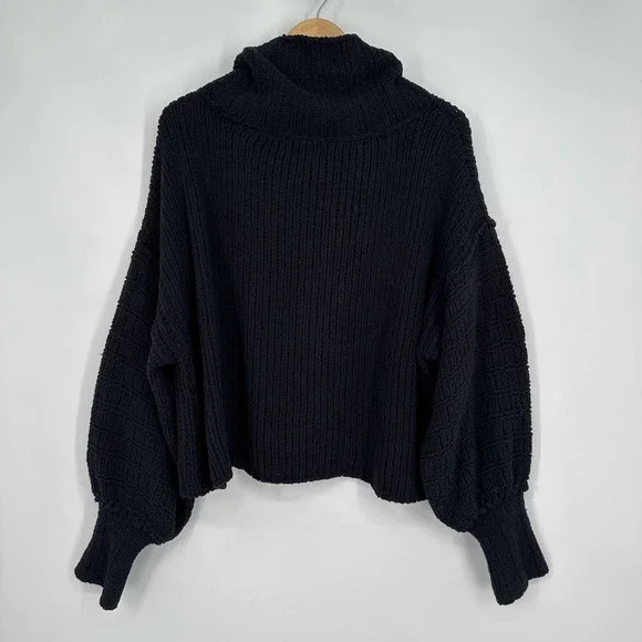 Free People Be Yours Cowl Neck Sweater Balloon Sleeve Chunky Boxy Cropped Black - Picture 9 of 14
